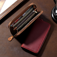 Dompet Panjang Kulit Crazy Horse Pria, Clutch Genggam dengan Slot Kartu, Dompet Kulit Sapi Asli Vintage dengan Ritsleting Tunggal 18.8*9.5*2.5cm 0.17kg