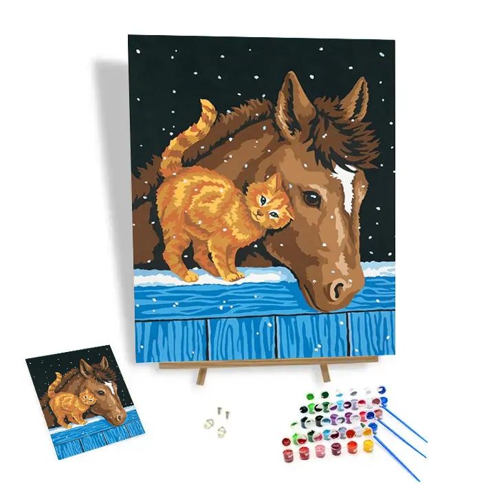 Peinture par numéros Kits chat s'appuyant sur un cheval animaux personnalisés peinture à l'huile par numéros peinture acrylique 24 couleurs 3 décorations de pinceau