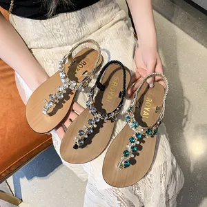 Sandalias informales de lujo con diamantes de imitación para mujer, zapatos planos de Punta abierta, a la moda, para vacaciones de verano y playa