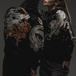 Felpa con Zip Oversize Personalizzata Nera Spessa Vintage Hip Hop Streetwear per Uomo Produttore di <span class=keywords><strong>Abbigliamento</strong></span> con Motivo Ricamato 3D in Cotone Pesante - Product Image 3