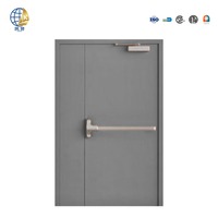Porte coupe-feu simple en acier thermolaqué gris avec barre de poussée pour couloir d'évacuation et cage d'escalier