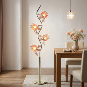 Lampe sur pied LED Lotus classique de luxe moderne avec hauteur réglable, structure en fer, abat-jour en verre rose, design floral élégant pour le salon - Product Image 1