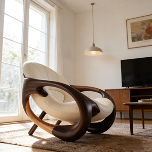 Fauteuil d'appoint incurvé de luxe <span class=keywords><strong>moderne</strong></span> - Revêtement en cuir de qualité supérieure avec structure en bois de noyer massif - Product Image 6