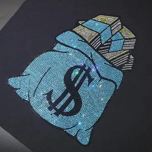 Chaser de dinheiro para roupas com logotipo de transferência de strass, acessórios personalizados com strass, logotipo de transferência com motivos de ferro