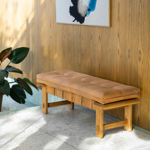 Vintage American <strong>Tan</strong> <strong>Leather</strong> Upholstered Benches Seats Bedroom Bed End Ottoman Bench Restaurant Dining Room Bench Seat for Cafe - Product Image 5