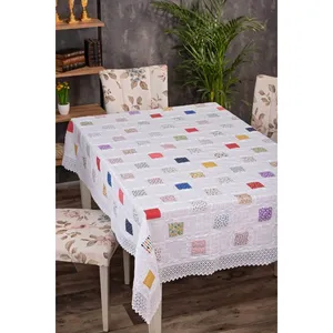 Buldan Patchwork OrtuSu Time White Striped Linen Cottoncloth Embroidered <b>Square</b> Pattern <b>Tablecloth</b> Made in 160x220 140x180 Sizes - Product Image 1