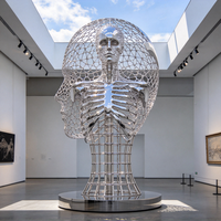 Sculpture de buste de squelette humain en fil d'acier inoxydable poli miroir