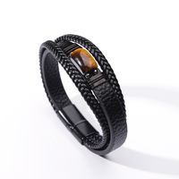 Bracelet pour homme fait main en acier inoxydable avec pierre œil de tigre et design en cuir vintage, fermeture magnétique