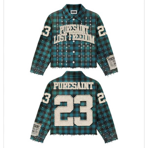 Camisa de Franela Personalizada para Hombre, Corte Holgado, con Brillo, Perlas, Pedrería, Bordado, Estampado Casual, Cuello Mao, Botones, Cuadros, 100% Algodón - Product Image 3