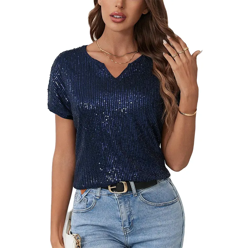 Custom High Quality Ladies Summer Top T-shirts Classic Women Sparkly Tee Shirt with Full Body Sequin