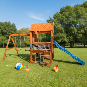 Équipement de terrain de jeu extérieur en gros Ensemble de balançoire multifonctionnel pour enfants avec cadre d'escalade Toboggan Terrain de jeu en bois - Product Image 5