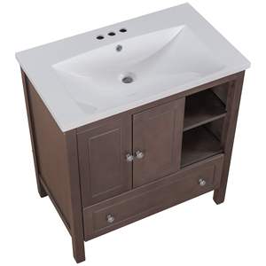 DB 30\" Single <b>Bathroom</b> Vanity Top French Floor-Standing White Marble Basin 3-Faucet Holes Ceramic White <b>Bathroom</b> <b>Furniture</b> - Product Image 6