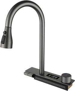 Modern Single Handle Brass Deck <b>Mounted</b> Brushed Kitchen Sink Faucet Pull <b>Spray</b> Digital Temperature Display Single Hole Hot/Cold - Product Image 1