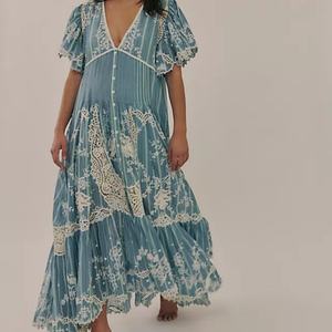 Vestido Midi Casual de Verano con Cuello en V y Bordado Floral Romántico para Mujer, Vestido de Encaje con Mangas Abullonadas y Corte Imperio - Product Image 1
