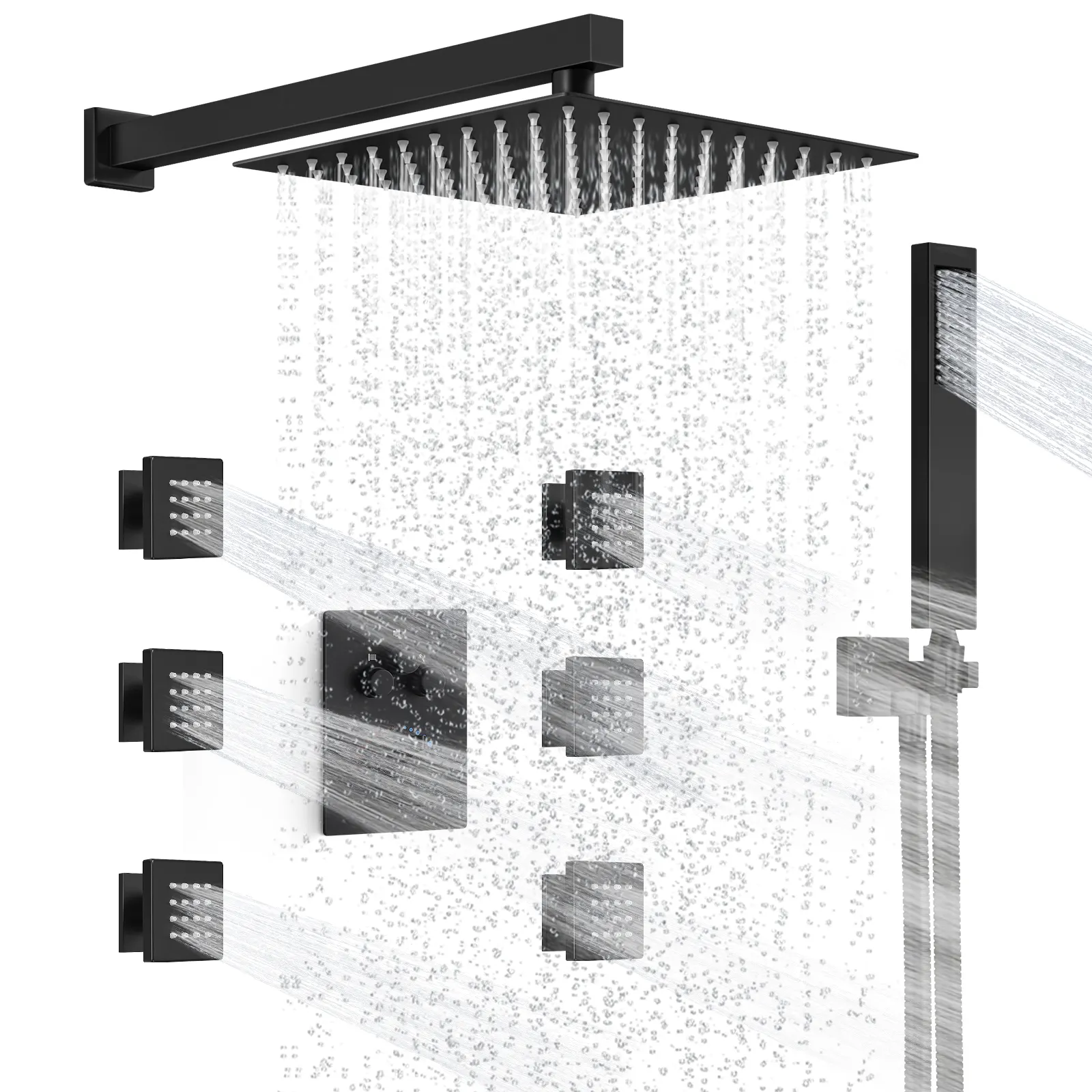 黒のハンドヘルドウォールマウント滝浴槽注ぎ口蛇口セットシングルハンドルレインシャワーシステムモデル