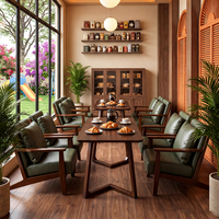 Ensemble de salon vintage en bois massif avec canapé en cuir PU, fauteuil rétro, table basse, mobilier commercial pour café, bistrot, pub
