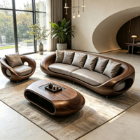 Ensemble de canapés en tissu avec cadre en bois courbé, design moderne et écologique, comprenant un fauteuil et une table basse pour salon