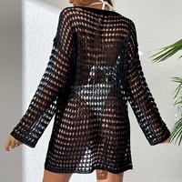 Nouvelle Robe de Plage Sexy en Maille Creuse à Col Rond et Manches Longues pour Femme – Cache-Maillot de Bain Estival