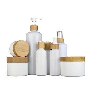 150ml 200ml 250ml 300ml 500ml PET Cream Container White 8oz Plastic Cosmetic Jar and Bottles with Bamboo Lid