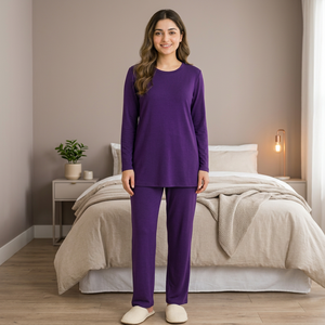 Casual Homeware Fluid Knit Polyester/Spandex Stretchable Pajamas Set Purple Custom Logo Half Sleeve Cartoon Soft Women - Product Image 2