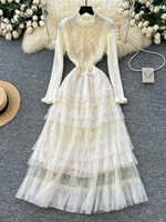 Robe midi élégante à manches longues en tulle à volants pour femme, collection printemps-été, avec dentelle et sequins, taille tricotée