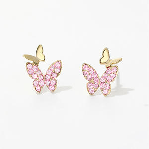 Gold Plated <b>Butterfly</b> Stud Earrings With Pink Crystal Rhinestones For Women Cute Everyday Wear Jewelry Zinc Alloy Bezel Setting - Product Image 1