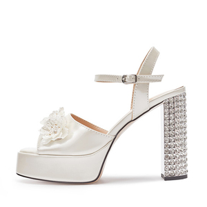 Sandales à talons épais pour femmes, ornées de diamants brillants, à bout carré, avec bride à boucle, en satin, style escarpins, pour le bureau, décorées de fleurs - Product Image 6