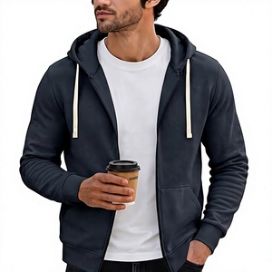 Sweat-shirt à capuche zippé pour homme, coupe classique, 100% coton tissé, couleur unie, décontracté, pour l'automne, respirant, écologique, tricoté - Product Image 1