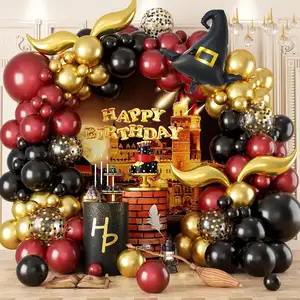 Magic School Balloon Chain Kit Burgundy Gold latex and aluminum foil themed birthday kit decorated