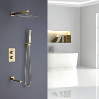 Ensemble de douche thermostatique de luxe en laiton brossé doré, système de douche pluie pour salle de bain, 3 fonctions, double poignée