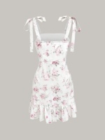 Robe asymétrique sans dos en dentelle à imprimé floral, longueur genou, avec bretelles spaghetti et ourlet à volants