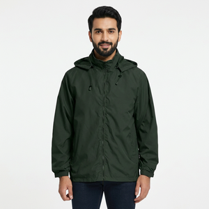 OEM Winter Sports Outdoor Casual Men's Canvas Windbreaker Stand Hooded Fleece Waterproof Breathable Front Plain Dyed <b>Raincoat</b> - Product Image 1