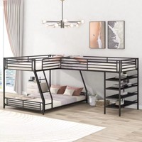 Lit superposé moderne en métal en forme de L avec lit triple, bureau, barrières de sécurité et échelles pour chambre à coucher