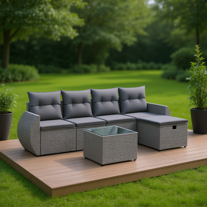 ชุดโซฟาหวายสีเทาสำหรับสวน 4 ที่นั่ง เฟอร์นิเจอร์กลางแจ้งพร้อมกระจกนิรภัยและโครงเหล็ก ดีไซน์ร่วมสมัย - Product Image 2