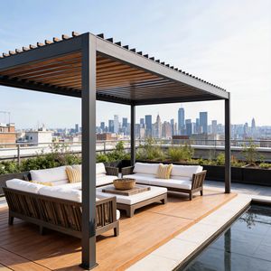 Pergola en aluminium à lames métalliques, bioclimatique, avec panneau solaire, pour terrasse extérieure et centre commercial - Product Image 1