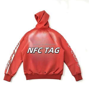 Sweat-shirt d'hiver pour homme avec étiquette NFC, capuche rouge et motif flamme blanche, fermeture éclair intégrale, streetwear, taille grande, coupe ample - Product Image 3