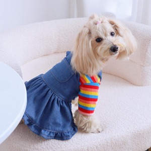 Rainbow Striped Turtleneck Knit <b>T</b> Shirt Set With Denim Overalls Ruffled Trim For Dogs <b>Cats</b> Pet Clothes Four Seasons - Product Image 2