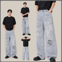 Jeans larges personnalisés pour hommes, fabricant OEM ODM, camouflage fantôme, délavage clair, effet usé, taille haute, style Y2K, hip-hop, streetwear éco-responsable
