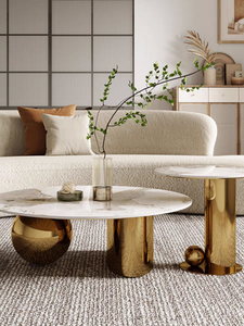Contemporanea rotonda nidificazione curva oro nero metallo vetro laterale marmo pietra legno mobili tavolo nido 3 tavolo Set tavolo nidificazione - Product Image 2