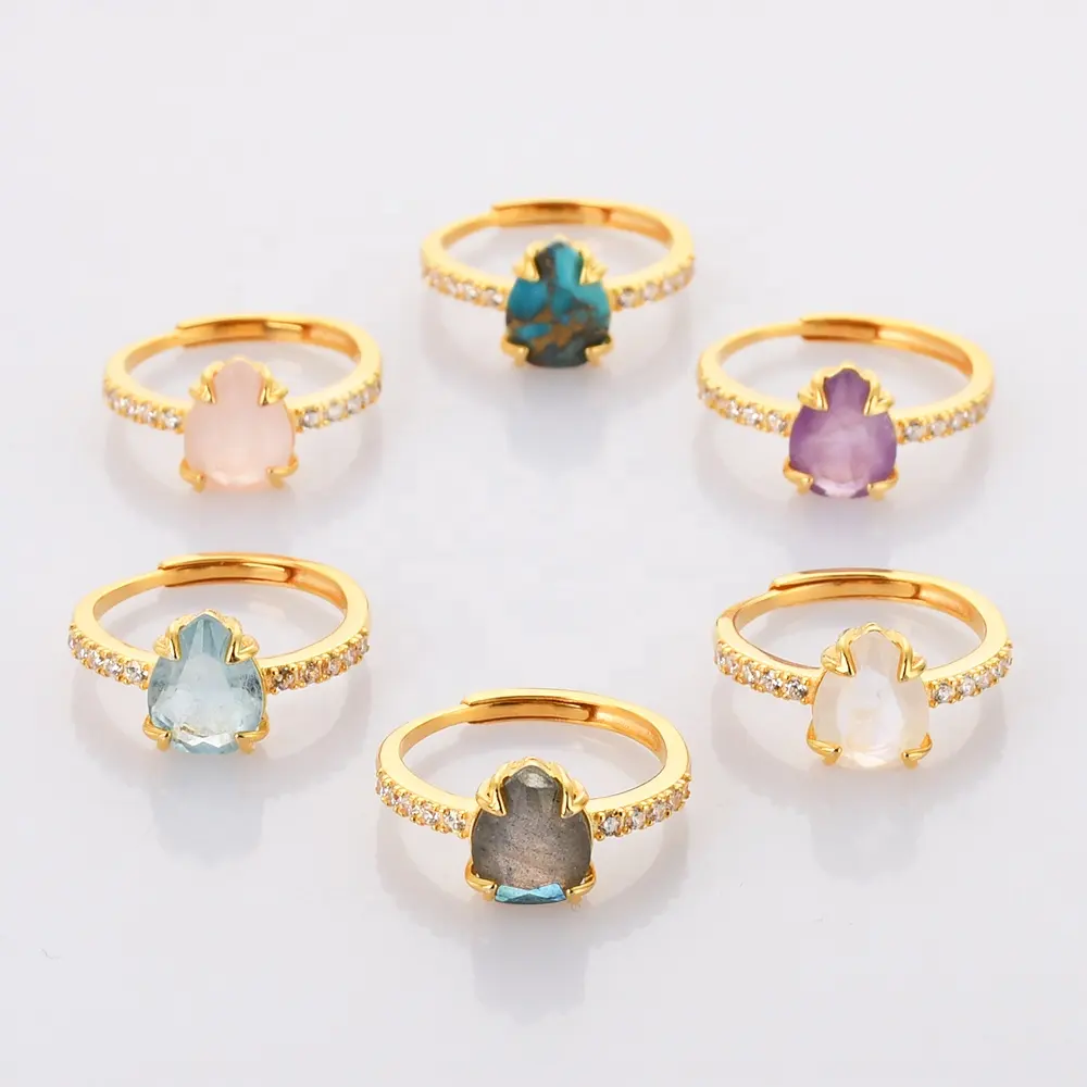 Gold Plated Natural Healing Stones Crystal Gemstone Women Jewelry 925 Sterling Silver Rings For Women
