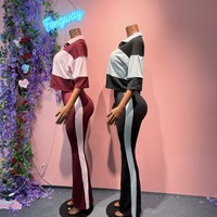 Ensemble de pantalons patchwork tendance pour femmes d'automne, hauts rayés à col polo, pantalons évasés, ensemble 2 pièces pour femmes