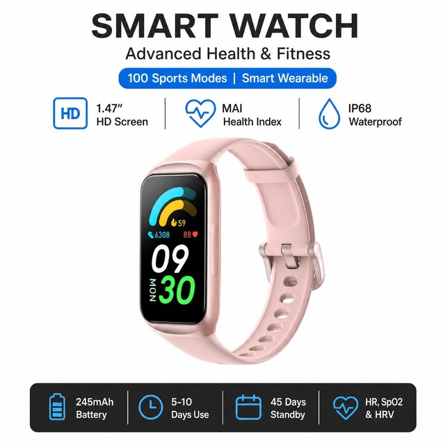 1.47 Inch Smart Band HRV Stress SpO2 Heart Rate Monitor 100 Sport Modes IP68 Waterproof Fitness Tracker