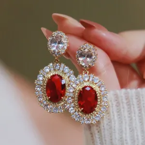 CAOSHI Cubic Zircon 18K Gold Plating Drop Earring Luxury Oval Cut Red Stone Pendant Earrings for Ladies Women