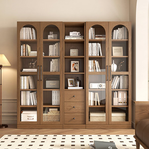 Estante flotante de roble <span class=keywords><strong>rojo</strong></span> moderno, puerta de cristal, sala de estar de Hotel, armario de almacenamiento de pared completa, estantería de montaje en suelo de madera maciza - Product Image 1