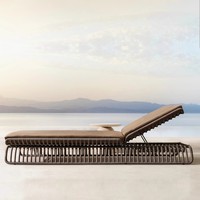 Cama Reclinable Moderna de Madera Maciza de Lujo, Sofá de Exterior de Teca Antiséptica y Duradero, Tumbona con Cojín de Ratán para Hotel, Playa y Piscina