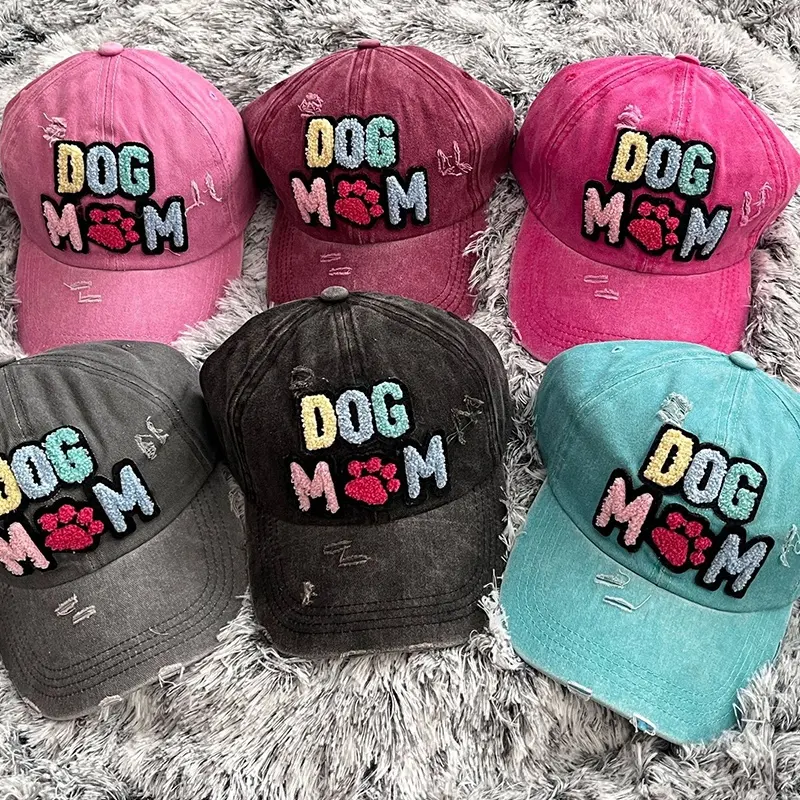 2023 Wholesale High Quality Pink Dog Mom Embroidered Patch Letters Ponytail Trucker Hat Washed Cotton Denim Mama Baseball Cap