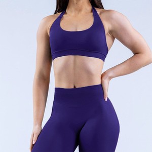 High Support Halter Sports <b>Bra</b> Seamless Yoga <b>Bra</b> Ribbed Band Workout Fitness <b>Bra</b> for Women - Product Image 2