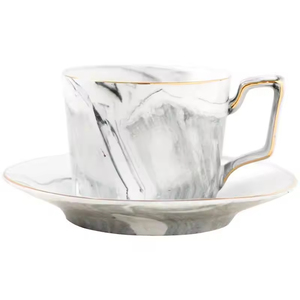 Ensemble tasse et soucoupe en céramique grise à motif floral moderne avec anse à bord doré, résistant aux aliments, très vendu, durable pour la maison et le bureau - Product Image 6