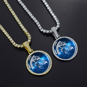 Tasarımcı özel gümüş 12 takımyıldızları kolye cam elmas mavi yuvarlak burç kolye erkekler kadınlar HipHop zodyak kolye - Product Image 1