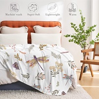 Selimut Rajut Modern Motif Capung Bunga Botani Anti-pilling, Bahan Fleece untuk Semua Musim, Dapat Dicuci Mesin, Ukuran 50x60 Inci